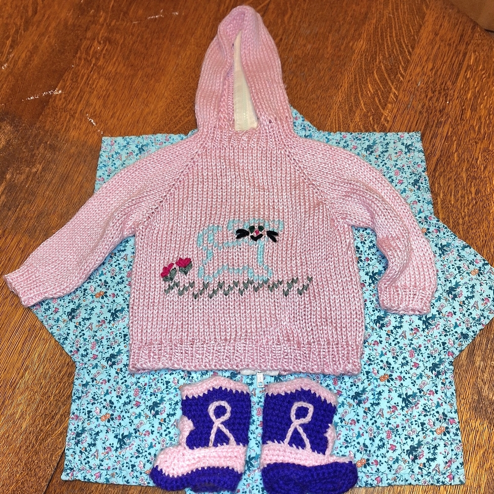 Hand Knitted Vintage Baby Hoodie with Cowboy Booties, 3-6Months